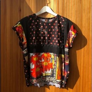 Jean Paul Gautier Soleil Vintage Tribal Floral Mixed Pattern Short Sleeve Tee